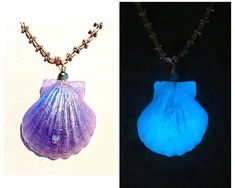 This is one of our famous and simply stunning seashell necklaces that have all of the beauty of a real looking shells combined with fantastic pops of color that become even more magical when they illuminate at night or in dark areas! This particular shell is the most beautiful shade of ultraviolet lilac quite similar to the shades that one would see in tropical flowers with an iridescent blue shimmer tonight it glows bright ocean blue suspended from a gold filled chain this item is sure to highl Purple Sea Shell, Seashell Necklaces, Blue Seashell, Sea Shell Necklace, Purple Sea, Mermaid Parties, Iridescent Blue, Witch Outfit, Seashell Necklace