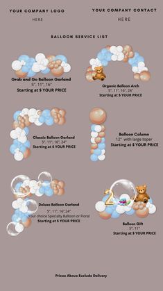 Balloon pricelist with illustration of each service Balloon Business, Balloon Template, Balloon Prices, Deco Ballon, Idee Babyshower, Candy Land Christmas Decorations