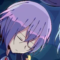 two anime characters with purple hair and blue eyes, one is staring at the camera