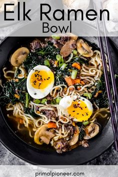 an egg ramen bowl with mushrooms, spinach and carrots