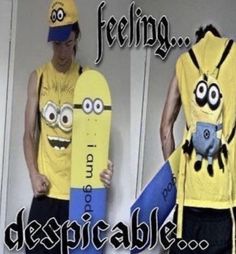 two young men dressed in despicable clothes and holding skateboards with the caption feeling despicable