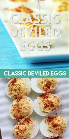 deviled eggs on a paper plate with the words classic deviled eggs over them