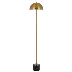 a gold and black floor lamp on a white background, with the light turned off