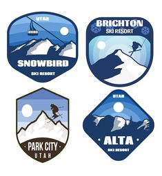 four logos for the ski resort, which are designed to look like mountains and snow skiers