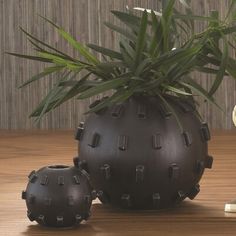 a black vase sitting on top of a wooden table next to a white flower pot