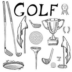 golf related items are shown in this black and white drawing, with the word golf on it