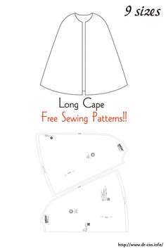 the front and back of a cape sewing pattern, with text that reads long cape free sewing patterns