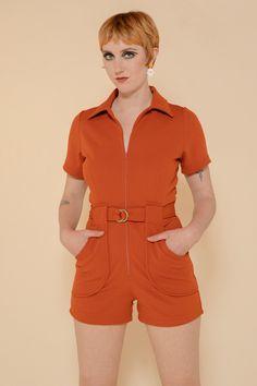 California Shake Romper in Rust – Miracle Eye Miracle Eye, Winter Romper, Studio Photography Fashion, Outfits 70s, Vintage Romper, Brass Belt, 70s Outfits, Burnt Orange Color, Adjustable Belt