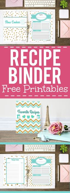 the recipe binder with free printables is shown in pink, blue and green