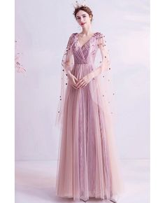 Buy Fairy Pink Tulle Cape Sleeves Aline Long Prom Dress With Petals at wholesale price online. Free shipping and pro custom service since 2009. Disney Princess Gowns, Red Ball Gowns, Tulle Cape, Red Ball Gown, Attractive Dresses, Floor Length Wedding Dress, Long Formal Gowns, V Neck Prom Dresses, Princess Gown