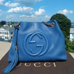 Authentic Gucci, Medium Soho Cellarius Chain Bag, Limited Edition Style # 536196 Made In Italy New Color: Caspian Blue, Limited Edition Features: Features: Crafted In Luxuriously Soft Yet Durable Pebble Grain Calf Leather. Signature Gucci Soho Interlocking Gg Bossed On Front. Shiny Gold Straps With Leather Handles & Large Tassel Detail. Gucci Engraved Clasp Closure. Inside Is Linen Fabric Lining With Zipper, Phone & Slip Pockets. Designer Authenticity Tag Inside. Includes Original Large Gucci Du Blue Gucci Shoulder Bag With Dust Bag, Blue Gucci Shoulder Bag For Formal Occasions, Formal Blue Gucci Shoulder Bag, Blue Gucci Shoulder Bag For Evening, Designer Blue Gucci Shoulder Bag, Blue Gucci Evening Shoulder Bag, Gucci Soho, Gucci Tote Bag, Gucci Tote