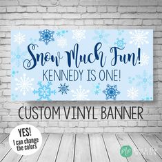 This Snow much fun birthday banner is perfect for your winter kids birthday party and the wording can be customized to any phrases (or colors) Winter ONEderland, Happy Birthday, Welcome Baby and more. The blue and white snowflakes are the perfect decoration for your winter birthday party or our little snowflake baby shower. Use this durable vinyl banner for a outdoor welcome sign, as a photo backdrop for pictures or this vinyl banner makes the perfect decoration for behind a dessert table at a snowflake birthday party. The colors won't fade!  YES! The wording and colors can be customized for any age party or wording!  SPECS: The banner comes in two finishes, digital or printed. The printed banner is sized as an 18x36",  24x48", 30x60" or 36"x66" and professionally printed on durable 13 oz Snow Birthday Party, Snowflake Birthday Party, Winter Birthday Party, Outdoor Welcome Sign, Snowflake Baby Shower, Kids Themed Birthday Parties, Happy 5th Birthday, Snow Much Fun