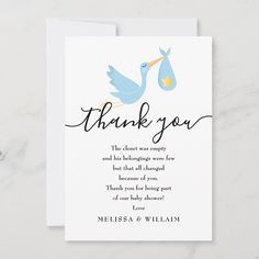 a thank card with a stork holding a baby