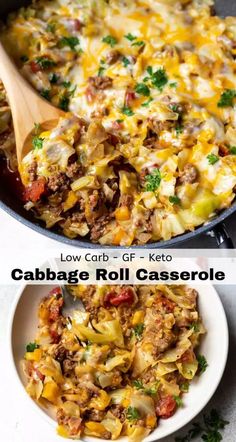 an image of cabbage roll casserole in a skillet and then topped with cheese