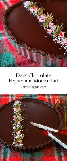 chocolate peppermint mousse tart with a slice missing