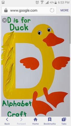 the letter d is for duck with an image of a duck and feathers on it