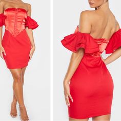 Prettylittlething Red Satin Corset Top Hook & Eye Top Ruffle Sleeve Off Shoulder Look Bodycon Mini Dress Size: Us 12 Nwot! Like New!! So Pretty!! Red Satin Corset, Satin Corset Top, Satin Corset, Red Satin, Hook Eye, Mini Dress With Sleeves, Bodycon Mini Dress, Corset Top, Passion For Fashion