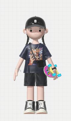 an animated girl holding a skateboard and wearing a baseball cap with her hands in her pockets