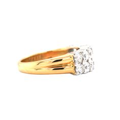 A stunning mid-century era diamond ring set in 18K white gold tips with a solid 18k yellow gold shank. This double line ring is set with 2.00ctw of beautiful G-H in color, VS in clarity round full cut diamonds. The double row of diamonds is set to sparkle from every angle and makes an amazing anniversary or wedding gift. This ring is a size 7.75, but can be sized to a number of different sizes for a small fee. Classic Yellow Gold Cluster Diamond Ring, Classic Cluster Rings With Single Cut Diamonds, Classic Cluster Diamond Ring For Formal Occasions, Diamond Ring Set, Gold Tips, Diamond Ring Settings, 18k Gold Ring, 18k Yellow Gold Ring, Diamond Cluster Ring