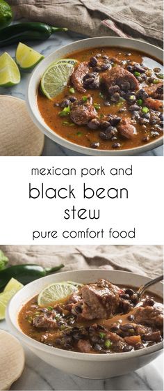 mexican pork and black bean stew in a white bowl with limes on the side