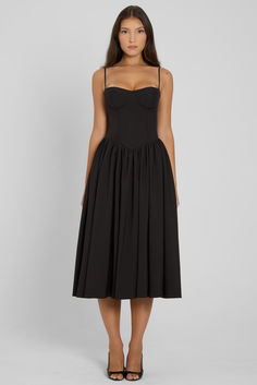 Introducing our Ballerina Bustier Midi Dress - a classic, feminine dress option for any occasion. From brunch parties to evening events, this black bustier midi dress is complimented with wire bustier cups that skim down to a tight fit that cinches at the waistline. The skirt silhouette features a gathered detail that falls to a midi length making it an elegant dress meant to last in your wardrobe forever. Black Corset Midi Dress, Brunch Parties, Bustier Midi Dress, Corset Midi Dress, Classic Feminine, Black Bustier, Fall 24, Bustier Dress, Black Corset