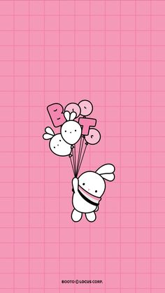 a pink background with an animal holding balloons