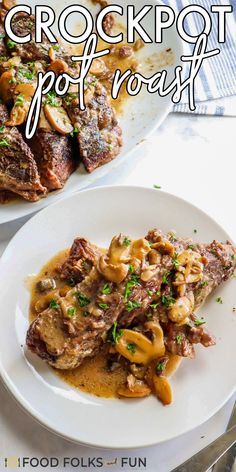 two plates with food on them and the words crockpot pot roast above it