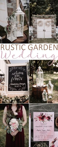 rustic garden wedding with pink and white flowers, chalkboard sign, birdcage