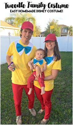 two people in matching costumes holding a baby and smiling at the camera with text overlay that reads, tweeddle family costume easy homemade disney costume