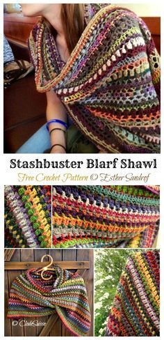 a crocheted shawl is shown with the words, stashbuster blarf shawl