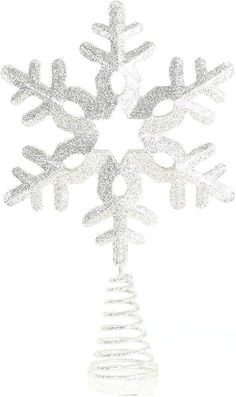 a white snowflake with silver glitters on it's top and bottom