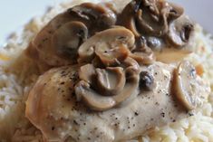 chicken with mushrooms and rice on a plate