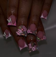 Cute Chanel Nails, Duck Nails Short Pink, Short Duck Nails With Charms, French Tip Junk Nails, Junk Duck Nails, French Tips Pink, Nail Tech Instagram, Charm Nails, White French Tips