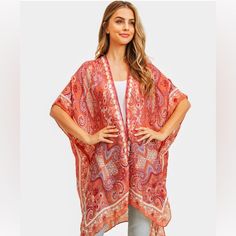 Bohemian Patterned Cover Up Kimono Poncho Color Coral Tory Burch Scarf, Cover Up Kimono, Holiday Attire, Normal Clothes, Bow Detail Dress, Color Coral, Open Cardigan, Polo Dress, Coral Color