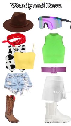 various types of clothes and hats with the words woody and buzz on them, including cowboy boots