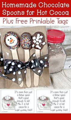 homemade chocolate spoons for hot cocoa plus free printable tags