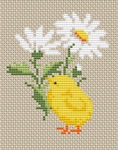 a cross stitch pattern with a yellow chick and white daisies