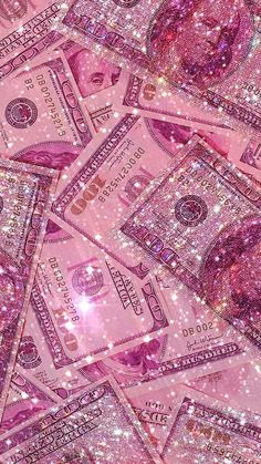 pink glitter money wallpaper with lots of sparkles on the sides and one hundred dollar bills