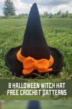 a crocheted witch hat with an orange bow on it and the words b halloween witch hat free crochet patterns