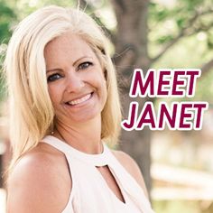 a woman with blonde hair is smiling and has the words meet janet on it