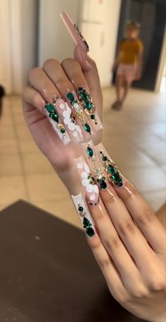 Nude Green Nails, Long Nails With Gems, Extra Baddie Nails, Enchanted Forest Nails, Quince Rings, Buchona Nails, 15 Nails, Bedazzled Nails, Gem Nail Designs