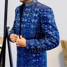 Brother Wore It For His Wedding! Custom Made By Riya Kodali. Beautiful Hand Work. Stands Out When U Wear It. My Brother Wears Medium Size! 5’10 Height And Weights 154 Lbs. Elegant Blue Kurta For Wedding, Blue Bandhgala For Festive Wedding, Blue Bandhgala For Wedding And Festive Season, Blue Bandhgala For Wedding And Festive Occasions, Elegant Formal Sets With Motifs, Wedding Kurta With Traditional Drape And Motifs, Bollywood Style Wedding Kurta With Motifs, Fitted Blue Sherwani For Wedding, Blue Luxury Wedding Sets