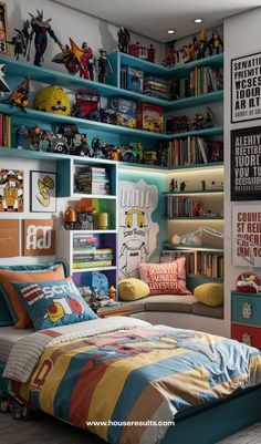 a bed room with a neatly made bed and lots of books on the shelves above it