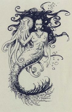 a drawing of a mermaid and an octopus hugging each other with their tails in the air