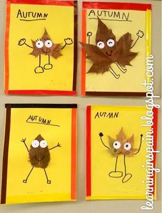 four autumn cards with leaves on them and the words autumn written in different languages,