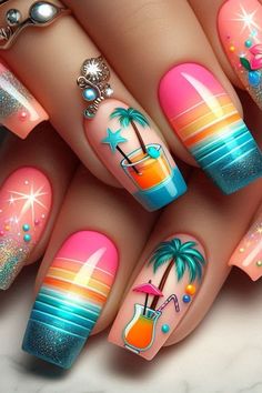 Beach Theme Nail Art, Nail Art Beach, Pool Party Nails, Disney Acrylic Nails, Beach Nail Art, Beach Nail Designs, Beach Nail, Pedi Ideas, Nail Vitamins