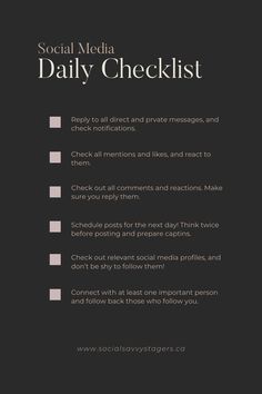 the social media daily checklist is shown on a black background with pink and gray squares