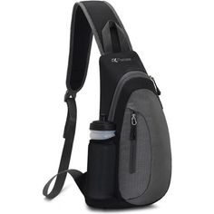 a gray and black sling bag with a water bottle in the front pocket on a white background