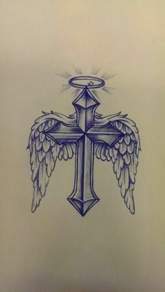 a cross with wings on it and an angel's halo above the cross tattoo design