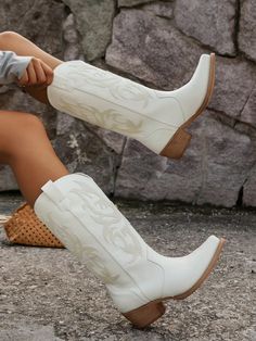 Women's Retro Embroidered Western Cowgirl Boots, Autumn White         Women Shoes, size features are:Bust: ,Length: ,Sleeve Length: Black Cowgirl Boots, White Cowboy Boots, Cowboy Shoes, Low Heel Boots, White Shoes Women, Cowboy Boots Women, Boots Women Fashion, Styl Retro, Western Cowboy Boots